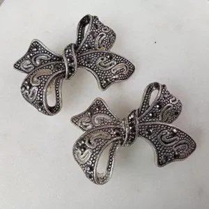 Vintage Black Rhinestone Silver Tone Bows Hair Jewelry Barrette Clip Bow 1.5